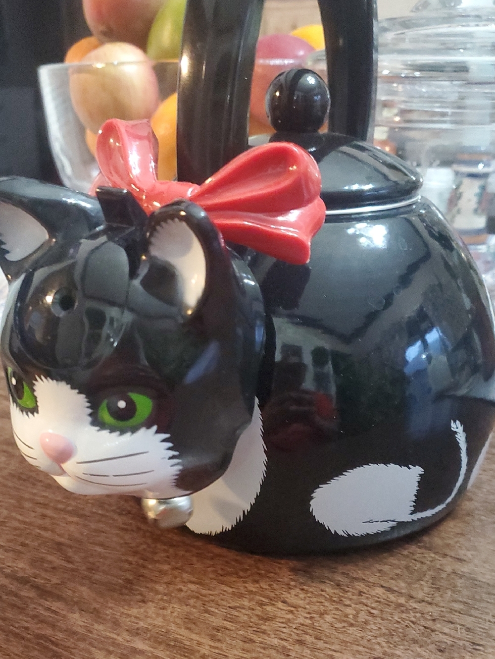 Black & White Cat Ceramic Teapot with Red Bow Accent